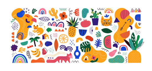 Wall Mural - Set of colorful trendy shapes in childish hand drawn style. Modern flat drawing cartoon collection. Summer jungle decoration and exotic tropical animals on isolated white background.