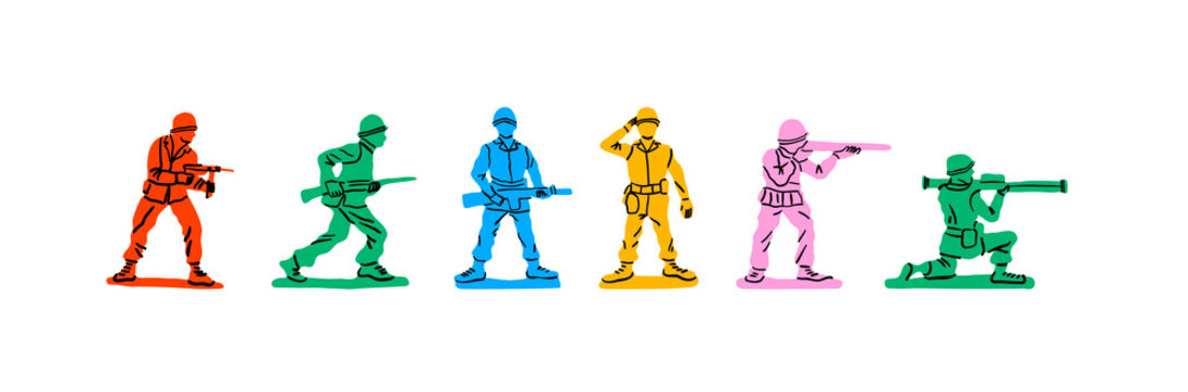 colorful retro toy soldier collection on isolated white background. vintage 90s style hand drawn car