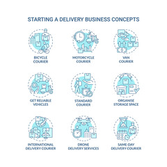 Sticker - Starting delivery business turquoise concept icons set. Shipping service idea thin line color illustrations. Isolated outline drawings. Editable stroke. Roboto-Medium, Myriad Pro-Bold fonts used