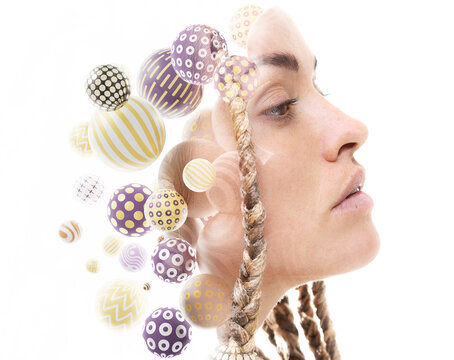 A portrait of a woman combined with multiple flowing 3D spheres.