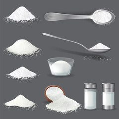 Realistic salt. Grains powder and piles of edible sea mineral crystals. Glass jar for spices. Ingredients for cooking concept. Vector illustration