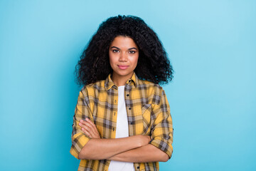 Sticker - Photo of self-assured freelancer lady crossed hands look camera wear checkered shirt isolated blue color background