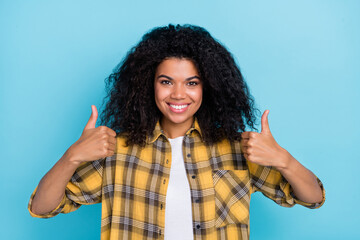 Sticker - Photo of reliable lady raise thumb-up positive feedback rate wear plaid shirt isolated blue color background