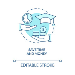 Wall Mural - Save time and money turquoise concept icon. Advantages of elearning abstract idea thin line illustration. Isolated outline drawing. Editable stroke. Roboto-Medium, Myriad Pro-Bold fonts used
