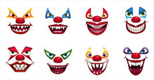 Crazy Clowns Faces On White Background. Fantastic Scary Clown. Isolated On White. Scary Vector.