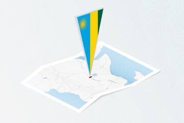 Wall Mural - Isometric paper map of Rwanda with triangular flag of Rwanda in isometric style. Map on topographic background.