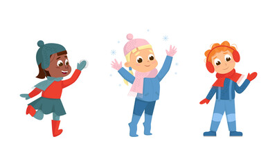 Sticker - Cheerful Boy and Girl Waving Hand and Playing Snowball Walking and Enjoying Winter Holiday Vector Set