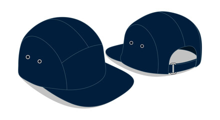 Canvas Print - Navy Blue 5 Panels Cap With Flat Brim Cap Template Vector On White Background, Perspective View.