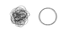 Chaotically Tangled Line And Untied Knot In Form Of Circle. Psychotherapy Concept Of Solving Problems Is Easy. Unravels Bad Mental Health. Vector Illustration