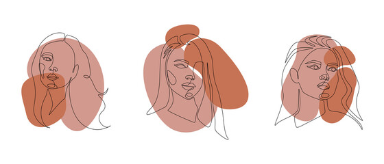 Poster - Set of Womens faces one continuous line drawing. Minimalist abstract female portrait in simple linear style for logo, prints, posters, postcards. Modern Artwork. Doodle Vector illustration