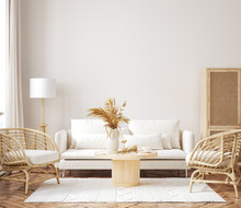Home Mockup, Room In Light Pastel Colors, Scandi-Boho Style, 3d Render