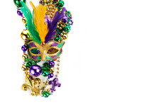 Frame Of Mardi Gras Mask And Beads Isolated On White Background.