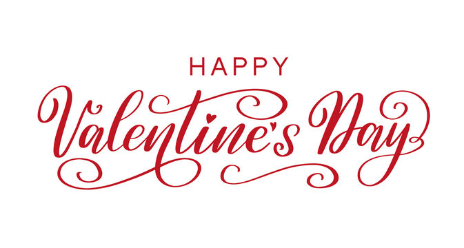 Happy Valentine's Day calligraphy decorated by flourishes and hearts. Vintage hand drawn lettering isolated on white.