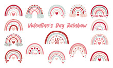 Set Rainbow Clipart Elements Valentine's Day. Bohemian Romantic Happy Valentine Day. Vector Rainbow And Heart.