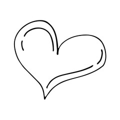 The heart is a black outline on a white background. Doodle style. A white heart. A cute hand-drawn heart highlighted on a white background. Pendant with a black outline for Valentine's Day