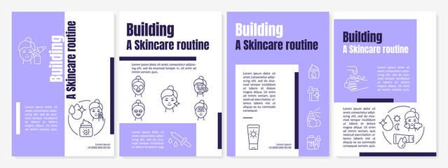 Skin cleansing purple brochure template. Care tips. Booklet print design with linear icons. Vector layouts for presentation, annual reports, ads. Questrial-Regular, Lato-Regular fonts used