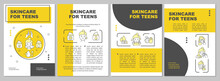 Skincare For Teens Yellow Brochure Template. Skin Treatment. Booklet Print Design With Linear Icons. Vector Layouts For Presentation, Annual Reports, Ads. Arial, Myriad Pro-Regular Fonts Used