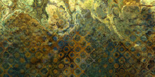 METALLIC MOOD Green Rust Yellow Abstract Layered Grunge Design With Marbling And Grid