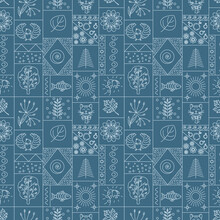 Seamless Pattern With Floral And Animalistic Elements. Monochrome Drawings In The Style Of Doodle And Zentangle On An Indigo Background. Vector Illustration.