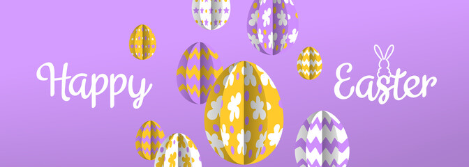 Sticker - happy easter horizontal  banner design with paper cut decorative eggs on purple background