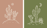 Fototapeta Boho - Moon Desert Cactus Boho Warm Colors Minimal Botanical Vector Illustration Set