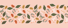 Seamless Vector Border Autumn Leaves Berries. Repeating Cute Botanical Floral Repeating Horizontal Pattern Brown Green White Berry Nature Shapes On Pink. For Cards, Ribbon, Footer, Header, Trim.