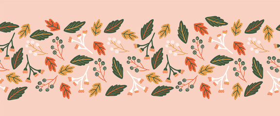 Wall Mural - Seamless vector border autumn leaves berries. Repeating cute botanical floral repeating horizontal pattern brown green white berry nature shapes on pink. For cards, ribbon, footer, header, trim.
