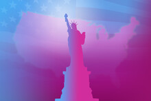 USA Symbols. Silhouette Of Statue Of Liberty Next To Flag. American Banner Design Veri Peri Colors. New York Symbol In Front Of America Map. Preparation For Your Advertising Trip To USA. 3d Rendering.