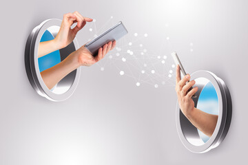 Poster - Mobile telecommunications. Hands of people with phone and tablet. Between them are lines symbolizing telecommunications. Concept messaging using phone. Modern communication applications.
