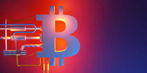 Poster - Bitcoin technology. Insurance blockchain currency. Bitcoin payment system symbol. Bitcoin logo on red blue background. Blockchain payments logo visualization. Digital blockchain money. 3d image.