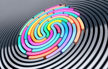 Poster - 3D render abstract background of stylized fingerprint of smooth lines of spline gradient multicolor waves with dof