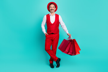 Sticker - Full size photo of mature man shopping boutique store discount well dressed isolated over teal color background