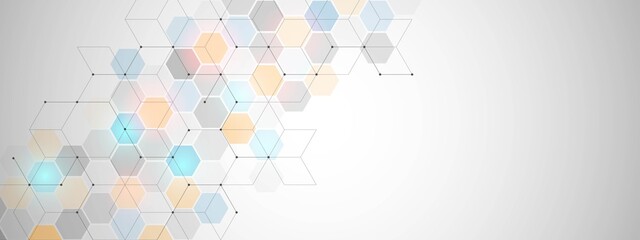 Poster - Vector technology background. Hexagon design, honeycomb. The texture of neon, glowing details. Information grid. Artificial intelligence. Banner social networks, medicine, landing pages of websites.