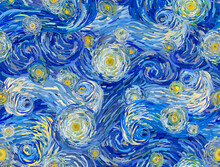 Starry Sky And Turbulent Clouds Abstract Background. Seamless Vector Pattern In The Style Of Impressionist Paintings.