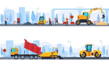 Workers With Machinery Doing Road Repair Set Vector Male Industrial Staff Constructing Highway