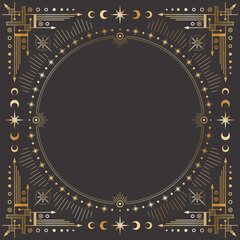 Wall Mural - vector mystic outline celestial square golden frame with stars, moon phases, crescents, arrows and c