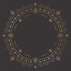 vector mystic celestial round golden outline frame with different stars, beams and a copy space. orn