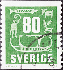 Wall Mural - Sweden - circa 1957 a postage stamp from Sweden showing prehistoric rock carvings