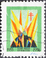 Wall Mural - Sweden - circa 1955: a postage stamp from Sweden abstract depiction of the birth of Christ on a Christmas stamp