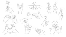 Simple Hand Gestures Linear Vector Set. Vector Set Isolated On White Background. OK, Love, Pinky Swears, High Five, Fist Bump, Fingers Crossed, And Pointing Gestures.