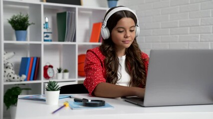 Wall Mural - child in headphones communicating on computer, communication