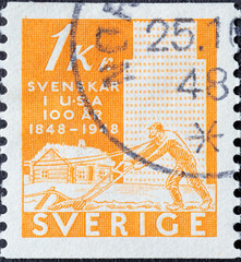 Wall Mural - Sweden - circa 1948: a postage stamp from Sweden showing a farmer with a plow in front of an antique house. Emigration from Sweden to the USA . orange