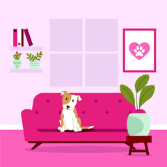 Vector illustration in flat style of room and dog on sofa. Cute illustration of a pet in the apartment. Beautiful card for the holiday of St. Valentine. Flower pot, sofa, shelves and window