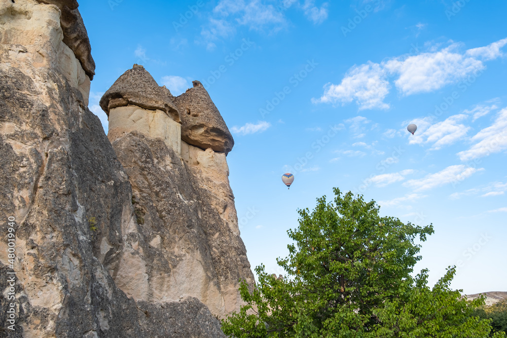 Pasabag Valley or Monks Valley, fairy chimneys and hot air balloon in ...