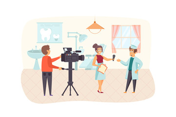 Aufkleber - Journalist interviewing doctor scene. Operator filming report, female reporter talking with physician. Journalism, mass media and press concept. Illustration of people characters in flat design