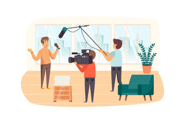Aufkleber - Journalist and film crew filming reportage indoors scene. Presenter tells news, operator records video. Journalism, mass media, press concept. Illustration of people characters in flat design