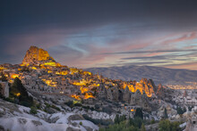Uchisar Castle In Pigeon Valley, Cappadocia, Turkey. Uchisar Castle Is A Very Popular Place For Tourists. Fairy Chimneys In Pigeon Valley. Natural Rocks Forms, Fairy Chimneys.