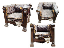 Luxurious Old Armchair Broken And Torn On A White Background In Three Angles