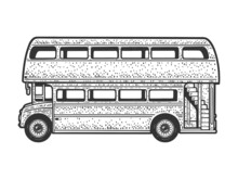 Double Decker English Bus Sketch Engraving Raster Illustration. T-shirt Apparel Print Design. Scratch Board Imitation. Black And White Hand Drawn Image.