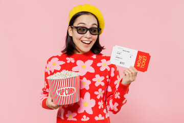 Wall Mural - Young excited fun cool woman of Asian ethnicity in 3d glasses watch movie film hold bucket of popcorn ticket isolated on yellow background studio portrait. People emotions in cinema lifestyle concept.